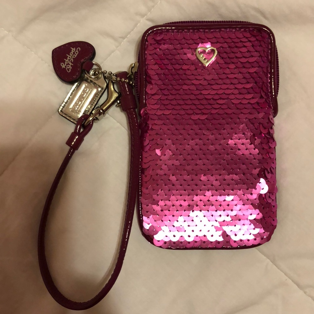 Magenta Sequined Coach Wristlet